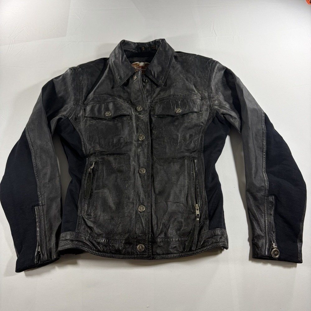 Harley Davidson Womens Leather Shirt Jacket Distressed Black Small SW Riding